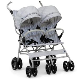 GAP babyGap Classic Side-by-Side Double Stroller - Lightweight Double Stroller with Recline, Extendable Sun Visors & Compact Fold - Made with Sustainable Materials, Grey Stripes