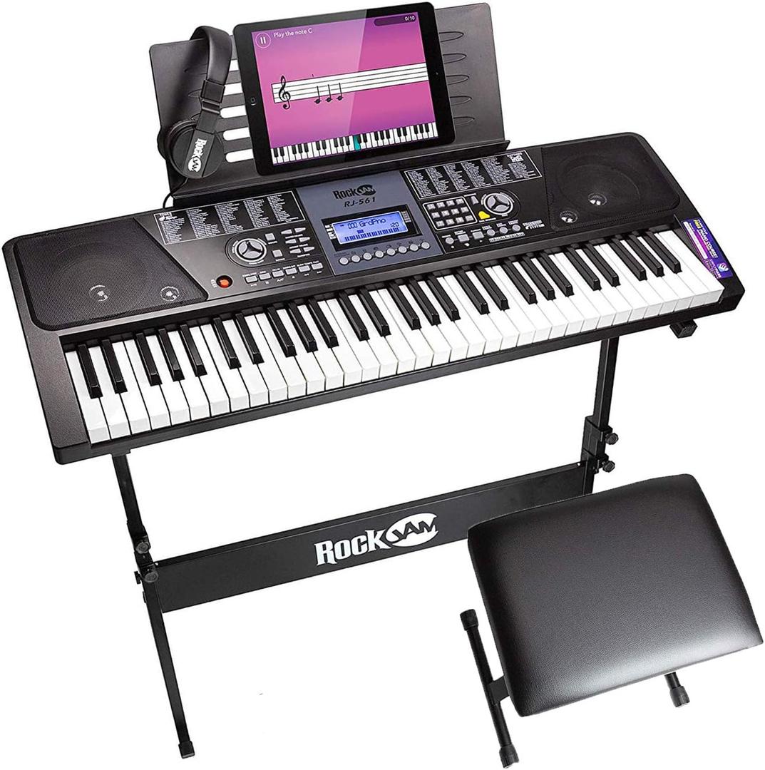 RockJam 61-Key Keyboard Piano Kit with Stand, Stool, Headphones, Keynote Stickers & Lessons