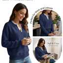 V Neck Sweaters for Women, Long Sleeve Lace Trim Knit Sweater Fall Casual Lightweight Pullover Top Navyblue