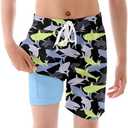 UNICOMIDEA Boys Swim Trunks Quick Dry Kids Bathing Suits with Compression Liner Boy Swim Shorts for Kid Swimming Black Camouflage with Shark Pattern Board Short Size 7T