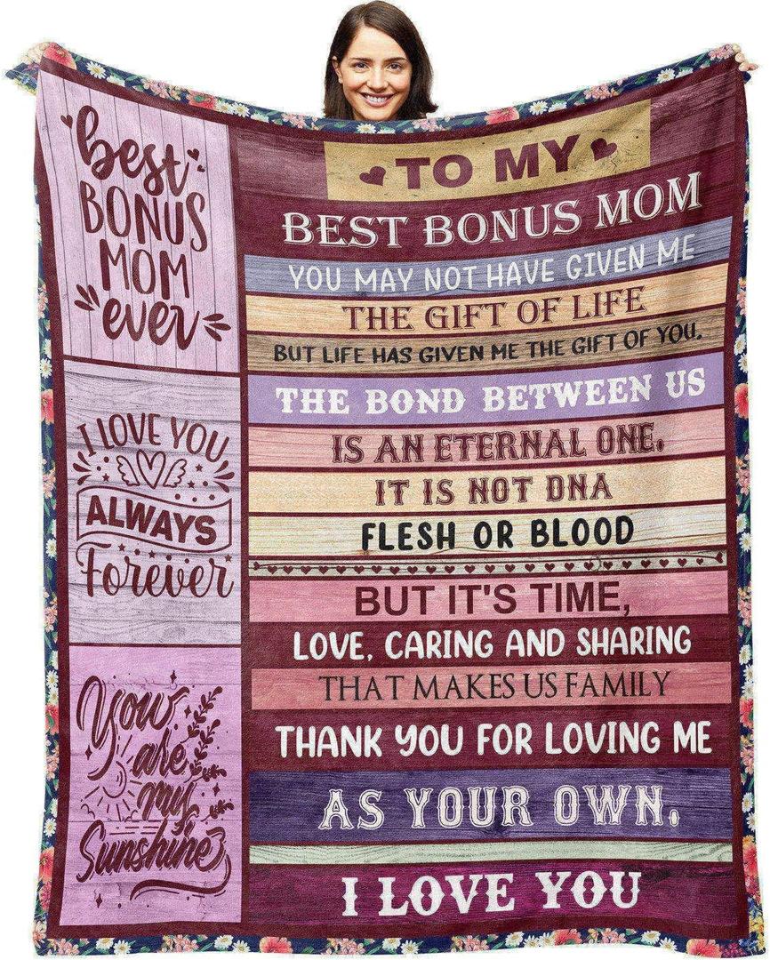 Gifts for Bonus Mom from Daughter, Bonus Moms Blanket Birthday Gifts from Son Mothers Day Christmas Bday Presents for Mother in Law Step Mom Stepmom 50" X 60"