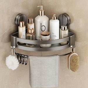 VOLPONE Shower Caddy Suction Cup, Corner Shower Shelves No Drilling, Showers Organizer Storage with Towel Bar & Removable Hooks, Bathroom Shower Shelf Rack for Inside Showers, Triangle