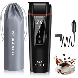 Car Electric Kettle: 12V/24V Portable Water Boiler Heated Travel Mug,Multiple Temperature Adjustable Coffee Tea Truck Cup with 304 Stainless Steel Dry Burn Protection & Handy Cup Bag (Black)