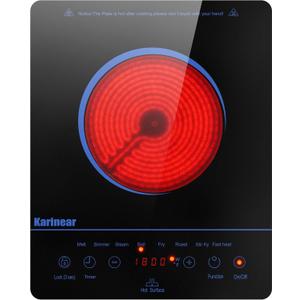 Karinear Portable Electric Cooktop, Electric Stove Single Burner Ceramic Cooktop with Touch Control,Safety Lock, Timer, Residual Heat Indicator, Overheat Protection, 1800W 110V Infrared Burner(Blue)
