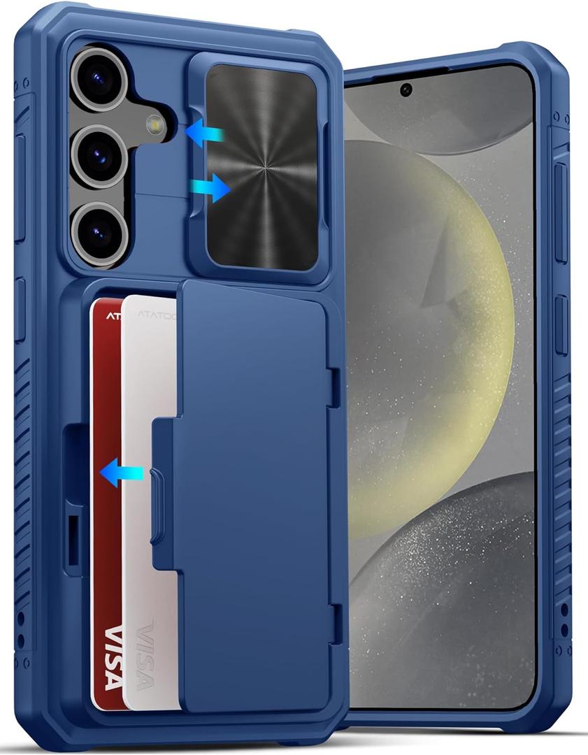 ATATOO for Samsung Galaxy S24 Wallet Case, Built-in Card Holder (Store 4-5 Cards) & Slide Camera Cover & Kickstand, Military Grade Protection, Rugged Silicone Case for Galaxy S24 2024, Blue