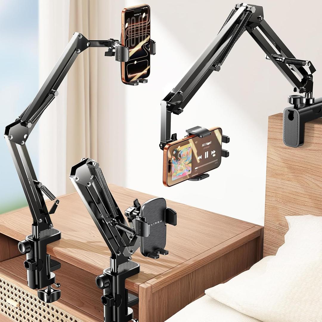 LISEN Gooseneck Phone Holder for Desk Bed [3rd Upgrade] Cell Phone Stand for Desk,Recording for iPhone Holder Fit iPhone 17 16 Filming Camera Laying Down,Bed Accessories Flexible Arm Clamp Clip Stand (Black)