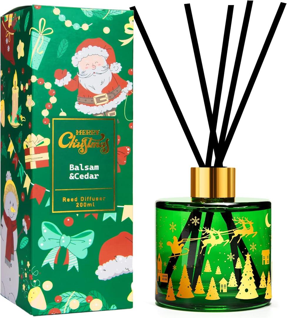 Christmas Reed Diffuser, 6.7 Fl.Oz Balsam & Cedar Scented Diffuser with 6 Sticks, Long Lasting Reed Diffuser for Home, Bathroom Shelf Decor & Gift, Decorative Air Freshener Room Diffuser