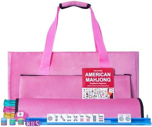 GUSTARIA American Mahjong Game Set, 166 White Tiles, 4 All-in-One Color Rack/Pushers, Complete Mahjong Tiles Set with Pink Carrying Bag (Mahjong)