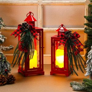 Baquler Red 2 Pcs Christmas Metal Candle Lantern and LED Fake Candles 12'' and 15'' Decorative Lanterns with Xmas Ornament for Porch Outdoor Indoor Decoration Party Gift