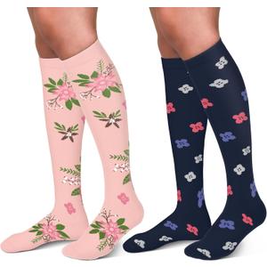 30-40mmHg Medical Graduated Compression Socks for Women&Men Circulation-Compression Stockings-Knee High Socks for Support,Hiking,Running (Small-Medium, 7-2 Pack Flowers Navy,Pink)