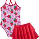 Vieille Little Girls Swimsuit Cute Kids Quick Dry Swimwear with Skirt 3-8 Years (5-6 Years, Strawberry)