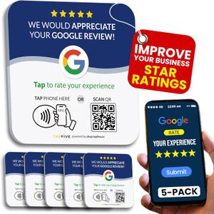 5 x Tap Google Review Plate (5-Pack) by TapFive - Tap for Instant Reviews - All Phones Compatible - Reusable Smart Tap NFC & QR - 4"x 4" - DigiFeel & Zappy Fast - Mount Anywhere 3M Adhesive (5 Plates)