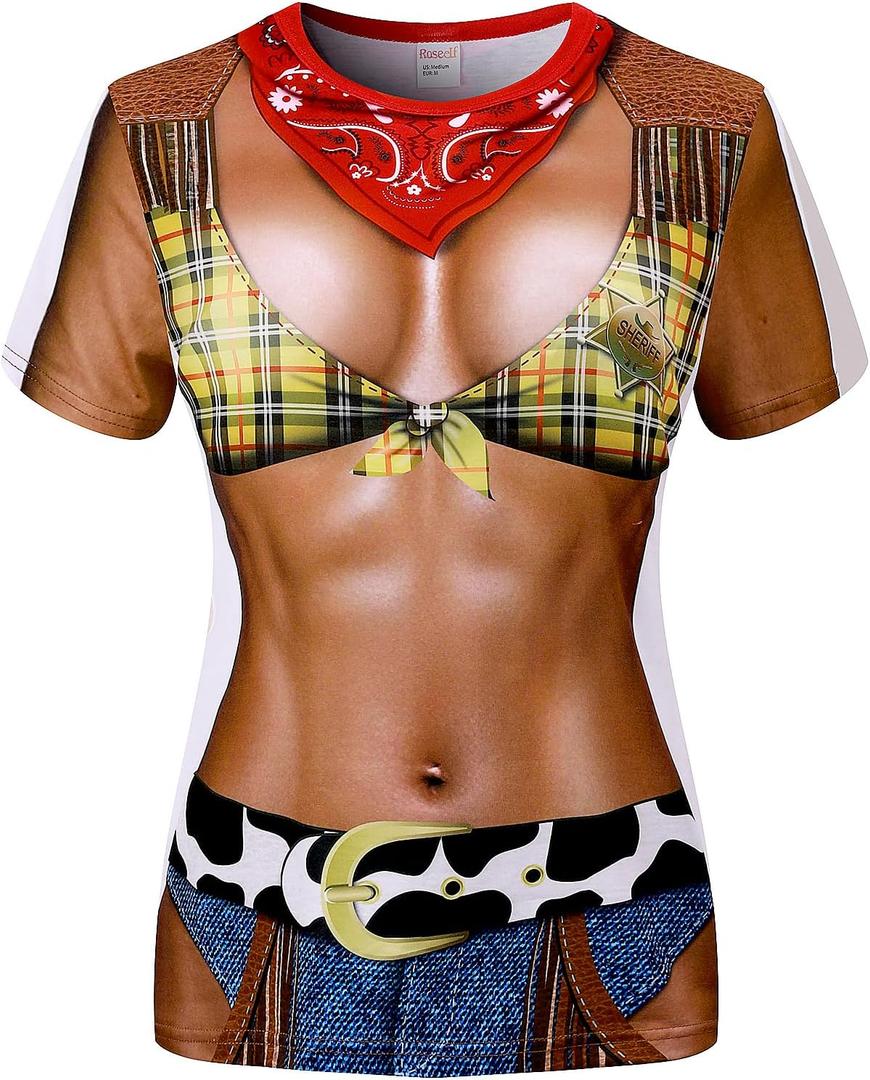 Womens Festival Bikini Printed Short Sleeve Costume T-Shirts (X-Large, Sexy Cowgirl)