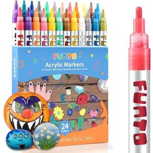 Funto Acrylic Paint Pens for Rock Painting, Fabric, Wood, Canvas, Metal, Ceramic, Glass, 24 Colors Paint Marker Set, Non-Toxic, Quick Drying