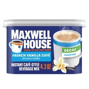 Maxwell House Instant Cafe-Style Beverage Mix, Decaf and Sugar Free, Easy to Prepare, 1 Canister, for Quick Morning Coffee or Afternoon Treat, French Vanilla Cafe, Kosher Dairy, 4.3 oz (EXP 04/17/25)