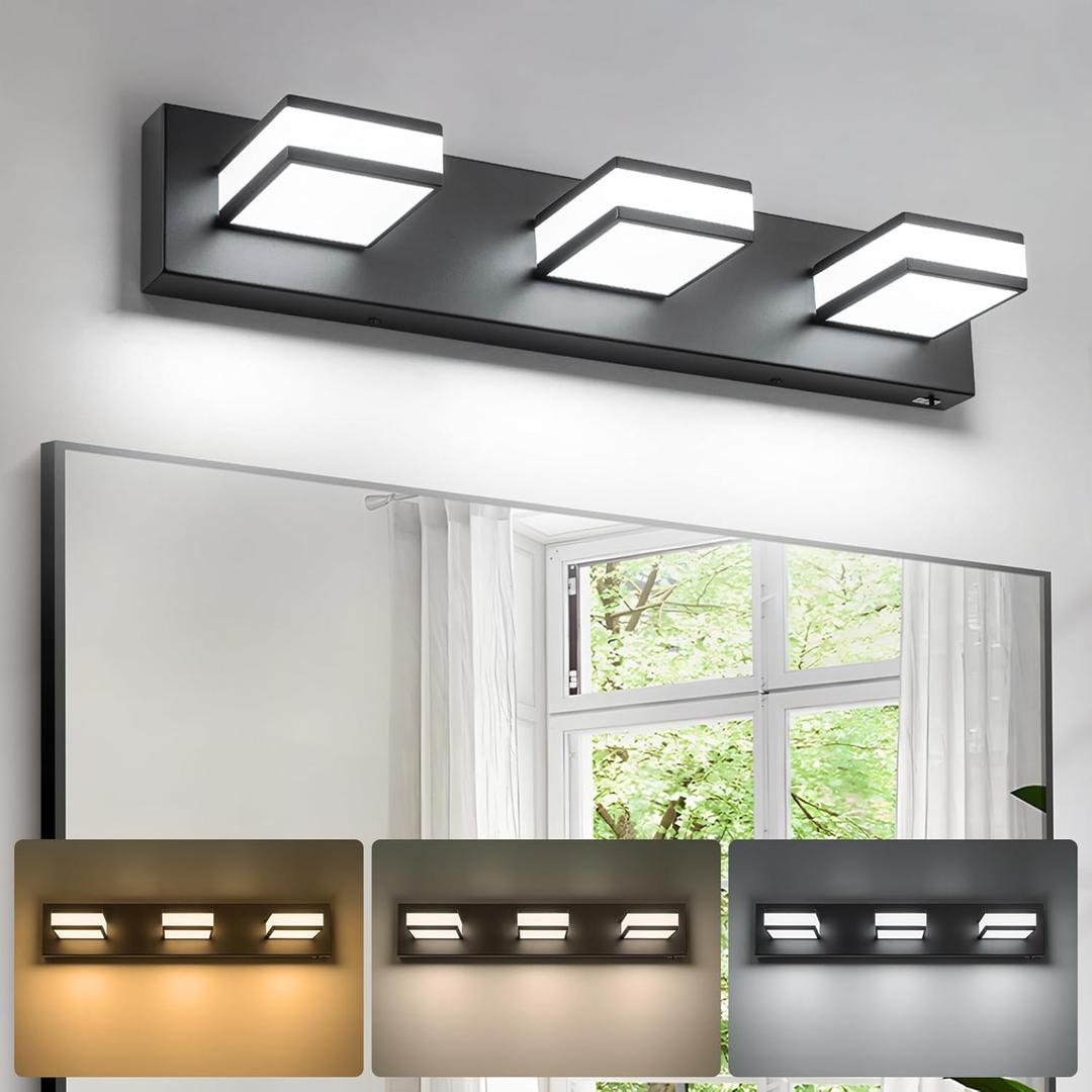BrkNit Modern LED 3 Light Bathroom Vanity Lights Over Mirror, 24W Dimmable 3CCT Acrylic Black Bathroom Wall Lighting Fixtures with 350° Rotatable Angle, 24 Inch
