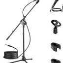 Pyle Dynamic Microphone and Tripod Stand-Height Adjustable from 2.6' to 5.1 Telescoping Boom Arm Mic Length 7.48'' Inch w/Acoustic Pop Filter-Includes 15' ft XLR Cable PMKSM20, Black