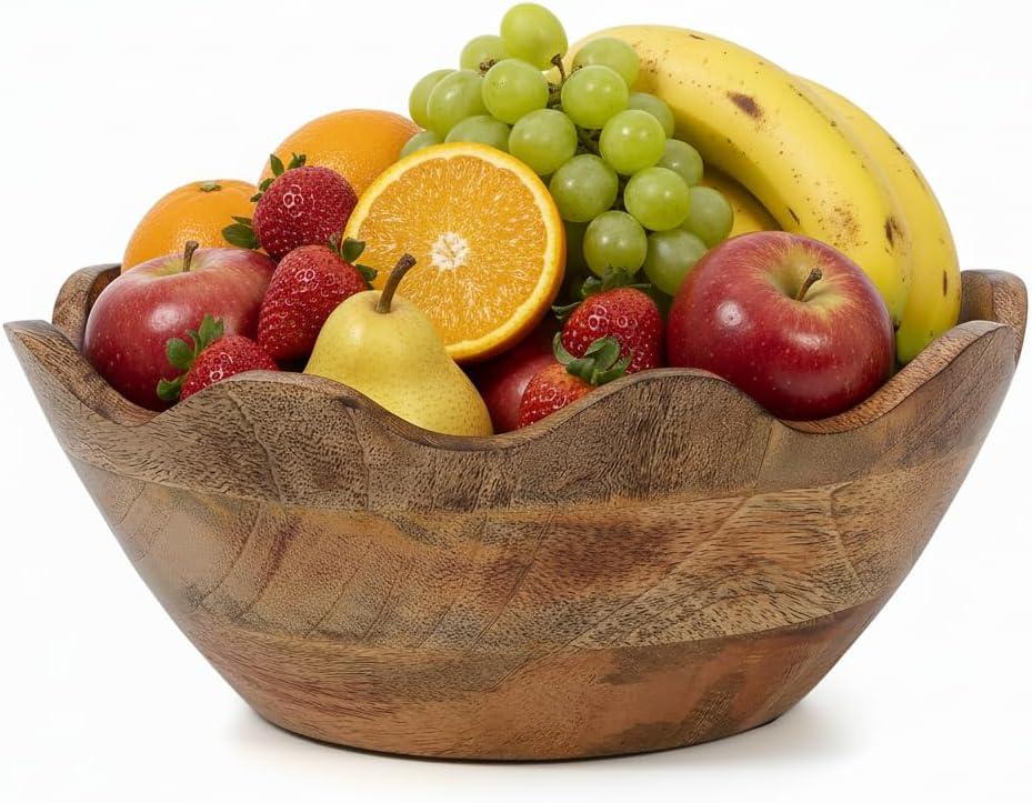 Mela Artisans Medium Scalloped Decorative Wooden Bowl | 10 Inch Mango Wood Fruit & Serving Bowl | Natural Grain Texture | Ideal for Kitchen Counter | Snacks | Desserts | Bread | Handcrafted Decor