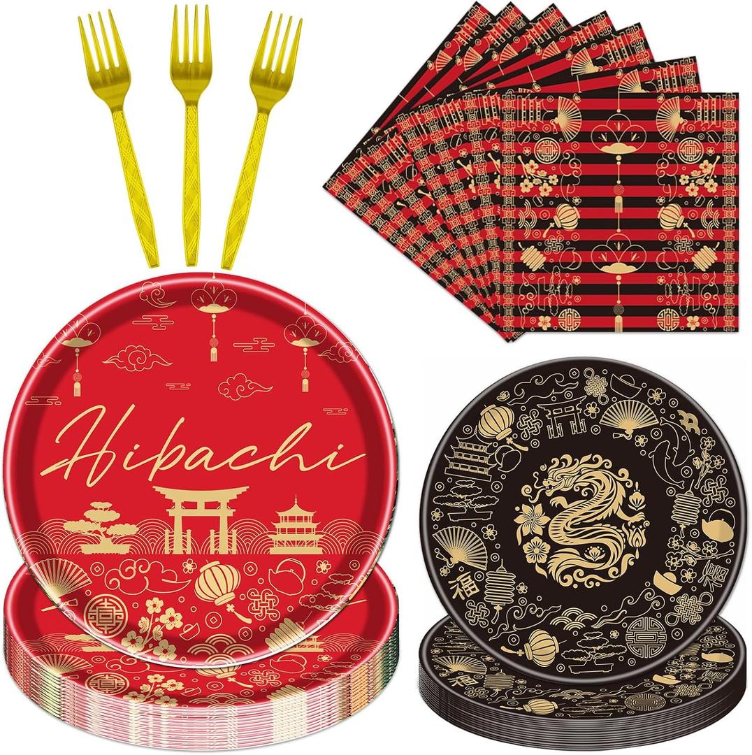 Gameza Hibachi Party Tableware Decorations, 96PCS Disposable Paper Plate Napkin Fork Set, Dragon Festival Red Asian Japanese Birthday Party Supplies Serves 24