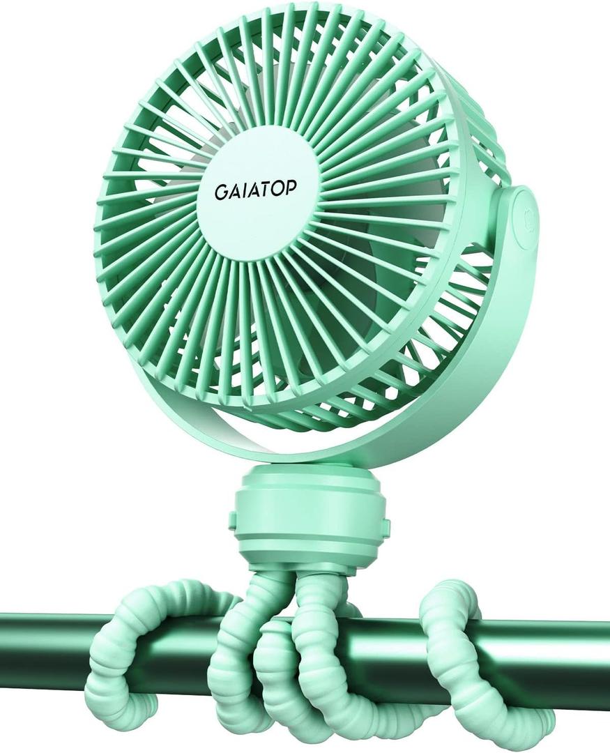 Gaiatop Mini Portable Stroller Fan, Battery Operated Small Clip on, Detachable 3 Speed Rechargeable, 360 Rotate Flexible Tripod Better Cooling for Car Seat Crib Treadmill Travel Green