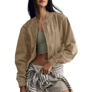 UATKIMI Women's Bomber Jacket Lightweight Casual Long Sleeve Canvas Coat Zip Up (Khaki) XS