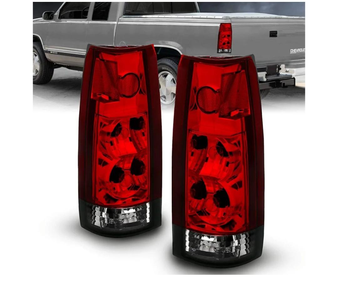 AmeriLite for Chevy GMC FullSize C/K Silverado Sierra Pickup Suburban Crystal Red Smoke Replacement Brake Tail Lights Set - Passenger and Driver Side