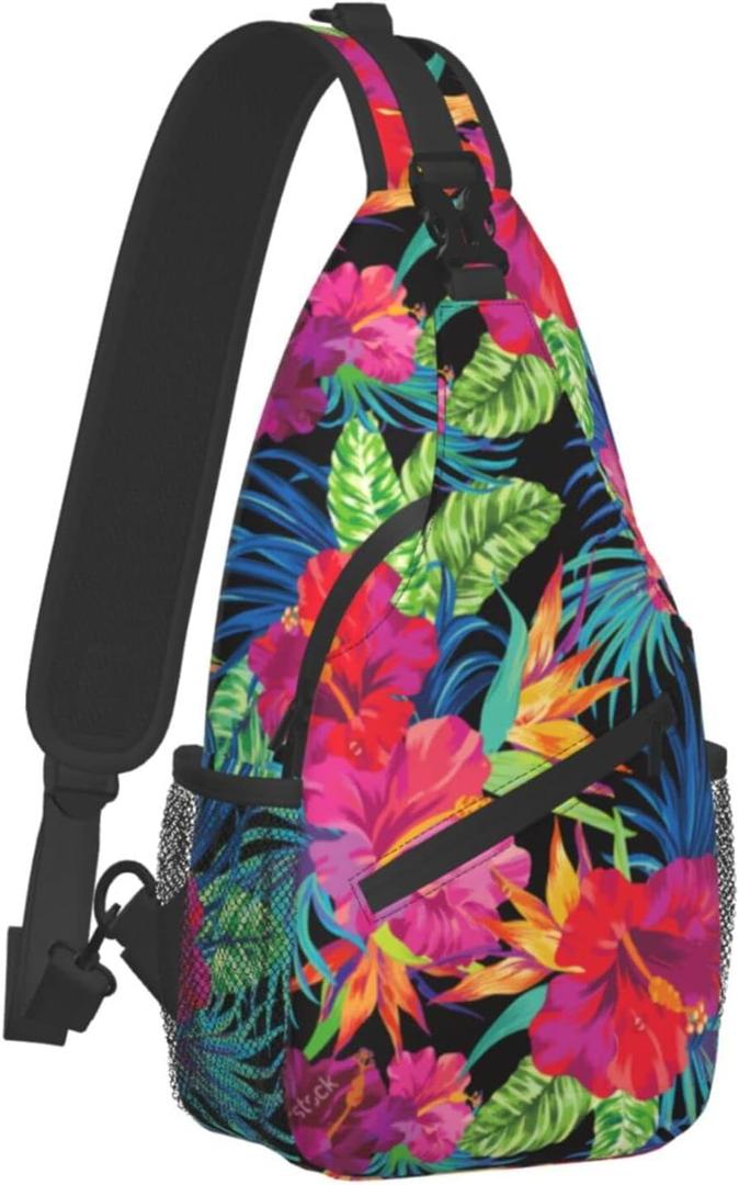 Tropical Hawaiian Flower Sling Bag Crossbody Travel Hiking Chest Backpack Shoulder Daypack for Men Women
