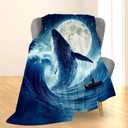 Whale and Moon Blanket, Soft Cozy Flannel Marine Throw Blanket for Adults Kids Men Women, Lightweight Warm Fuzzy Blankets for Couch, Bed, Travel & Home Decor 8060 in