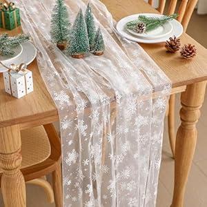 Breling White Snowflake Christmas Tulle Table Runner 118'' x 29.5'' Christmas Gauze Table Runner Seasonal Sheer Xmas Winter Holiday Decor for Birthday Festival Party Kitchen Wedding Bridal Shower