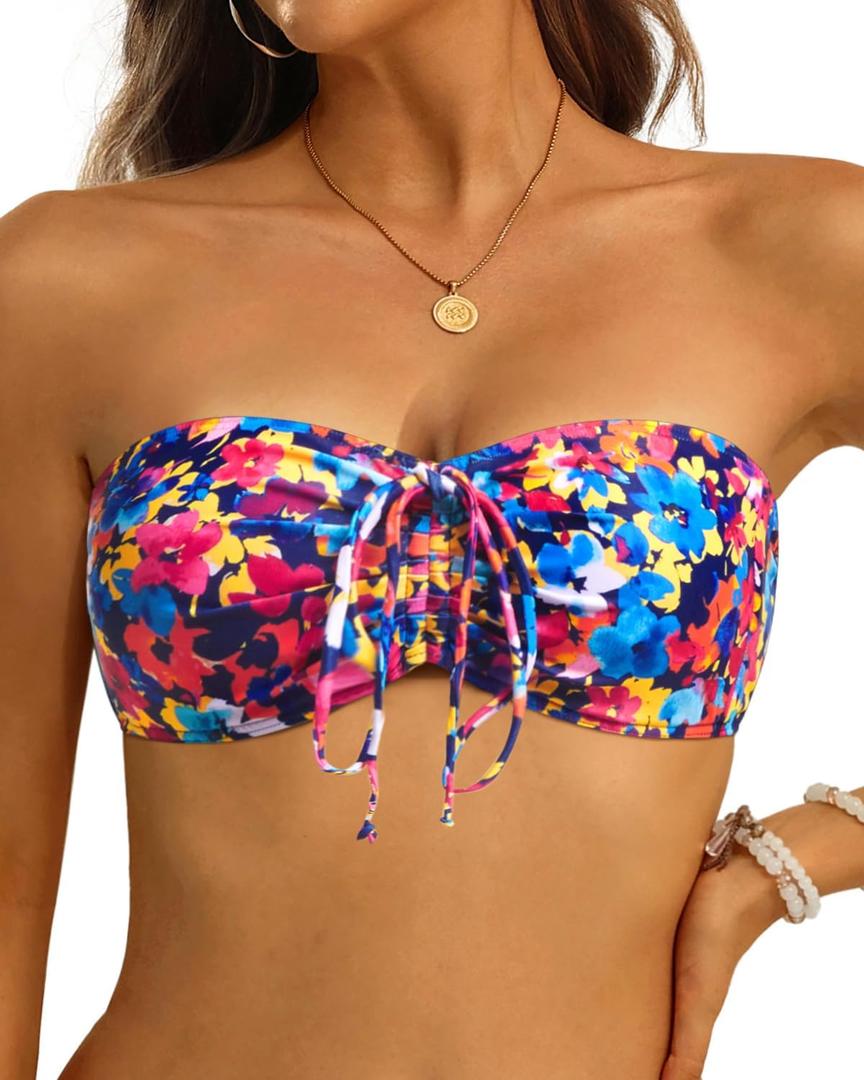 Tempt Me Women Bandeau Bikini Top Strapless Swim Tops Tube Halter Swimsuit Top Only (Large, Colorful Floral)
