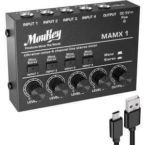 Moukey Mini Audio Mixer, DC 5V, 4 Stereo Ultra, Low Noise 4 Channel Line Mixer for Sub-Mixing, for Small Clubs or Bars, As Guitars, Bass, Keyboards Mixer, MAMX1