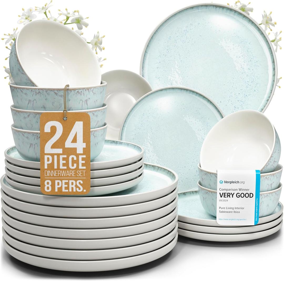 24 Piece Dinnerware Sets for 8 - Modern Style Stoneware Dinnerware Set - Microwave Safe Dinner Plates and Bowls Sets for 8, Ceramic Dish Set, Bowl and Plate Sets for 8, Beige Light Blue Set for 8