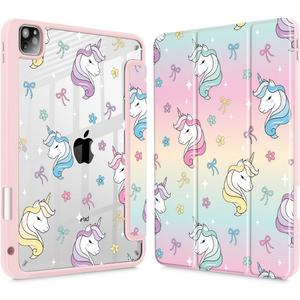 Case for iPad 12.9 Inch (6th/5th/4th/3rd Generation, 2022/2021/2020/2018), Pencel Holder + Trifold Support Auto Sleep/Wake, Transparent Shockproof Back Cover, Rainbow Unicorn