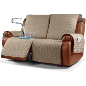 Ruaozz Waterproof Recliner Sofa Cover 1-Piece Couch Covers for Reclining Couches Reclining Sofa Cover Washable Furniture Protector with Elastic Straps Pocket for Kids, Pets (Khaki, XL 2 Seater)