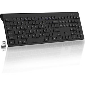 Wireless Keyboard, 2.4G USB Slim Silent Cordless Keyboard for Windows Chrome Laptop Computer PC Desktop Notebook Chromebook, 12 Multimedia Keys, Fn Lock, 110 Keys Full Size with Number Pad - Black