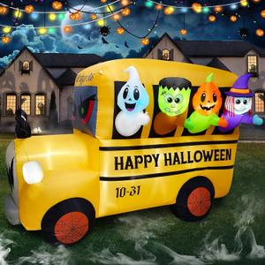 8.1FT Length Halloween Inflatable Ghost Frankenstein Pumpkin Monster Witch Bus Decoration, Halloween Blow up Car Inflatable Built-in 9 LEDs for Halloween Inflatables Outdoor Decoration