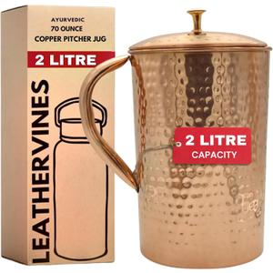 100% Pure Copper Hammered Copper Water Jug with Lid For Drinking 70 oz | Leak Proof Ayurvedic Vessel to Support Digestion, Immunity | Lightweight, Eco-Friendly, Perfect For Home & Office