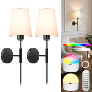 20 inch Battery Operated Wall Sconces Set of 2, Wireless Wall Lights with Rechargeable Bulbs & Remote, 15 Colors & Dimmable, Battery Powered Wall Lights for Bedroom, Living Room, Hallway, Black