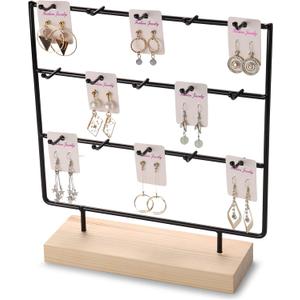 Earring Display Stands for Selling 3 Tier 15 Hooks Jewelry Display Wooden Base Earring Holder Organizer Display Stand for Necklaces Rings Bracelets Keychains (Black)
