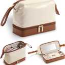 2-In-1 Jewelry Box and Makeup Bag with Mirror - Versatile Travel Jewelry Holder Organizer Cosmetic Bag, Portable Toiletry Bag with Integrated Jewelry Makeup Case for Women Men (White & Brown)