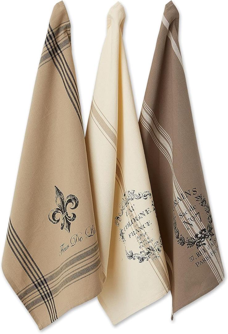 DII French Style Tabletop Kitchen Collection, Dishtowel Set, 18x28, Assorted French Grain, 3 Piece