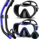 Snorkeling Gear for Adults, Dry Snorkel Set 180 Panoramic Wide View Anti-Fog Scuba Diving Mask, Professional Snorkel Gear for Free Breathing, Swimming, Diving (Black+Black Blue)