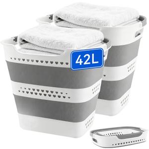 2 Pcs 42L Medium Collapsible Plastic Laundry Basket with Handles, Foldable Laundry Basket Hamper, Pop Up Storage Container Organizer for Washing Storage (Gery, 17 Inch * 13 Inch * 15 Inch), 13.39" x 3.74" x 17.32"