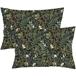 Green Plant Throw Pillow Cover Queen Size Set of 2 Black Green Botanical Leaf Pillowcases Vintage Floral Lumbar Pillow Case Standard Pillow Cases with Zipper Decorative Cushion Covers for Bed,20"x30"