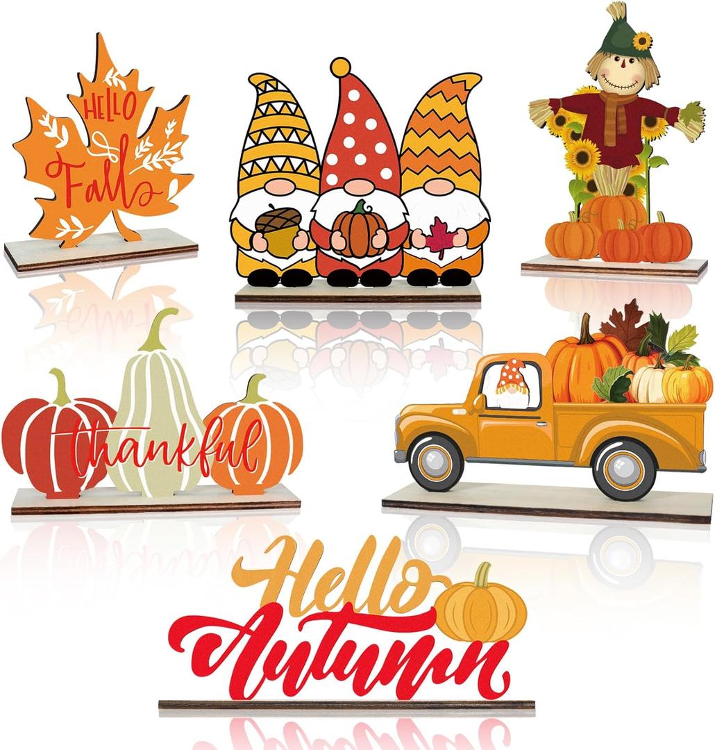 6 PCS Fall Wooden Table Decorations Maple Pumpkin Gnome Scarecrow Truck Hello Autumn Wood Tabletop Sign Centerpiece Rustic Decor for Home Farmhouse Tiered Tray Shelf Kitchen Office Desk