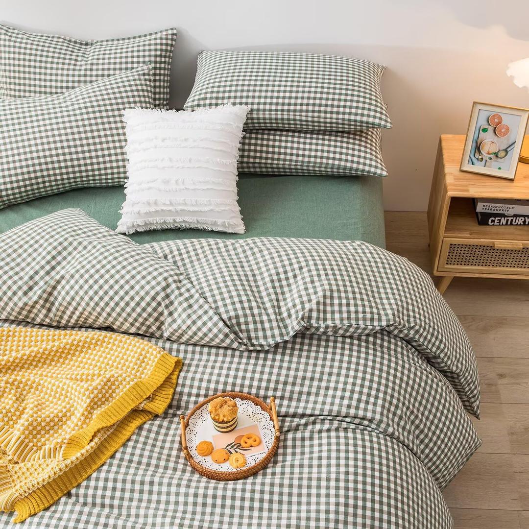 mixinni Green Gingham Comforter Set King, Plaid Comforter Set 3 Pieces 1 Green Grid Comfoter with 2 Pillow Cases for All Seasons, Soft Fluffy Modern Grid Pattern Printed Bedding-King Size