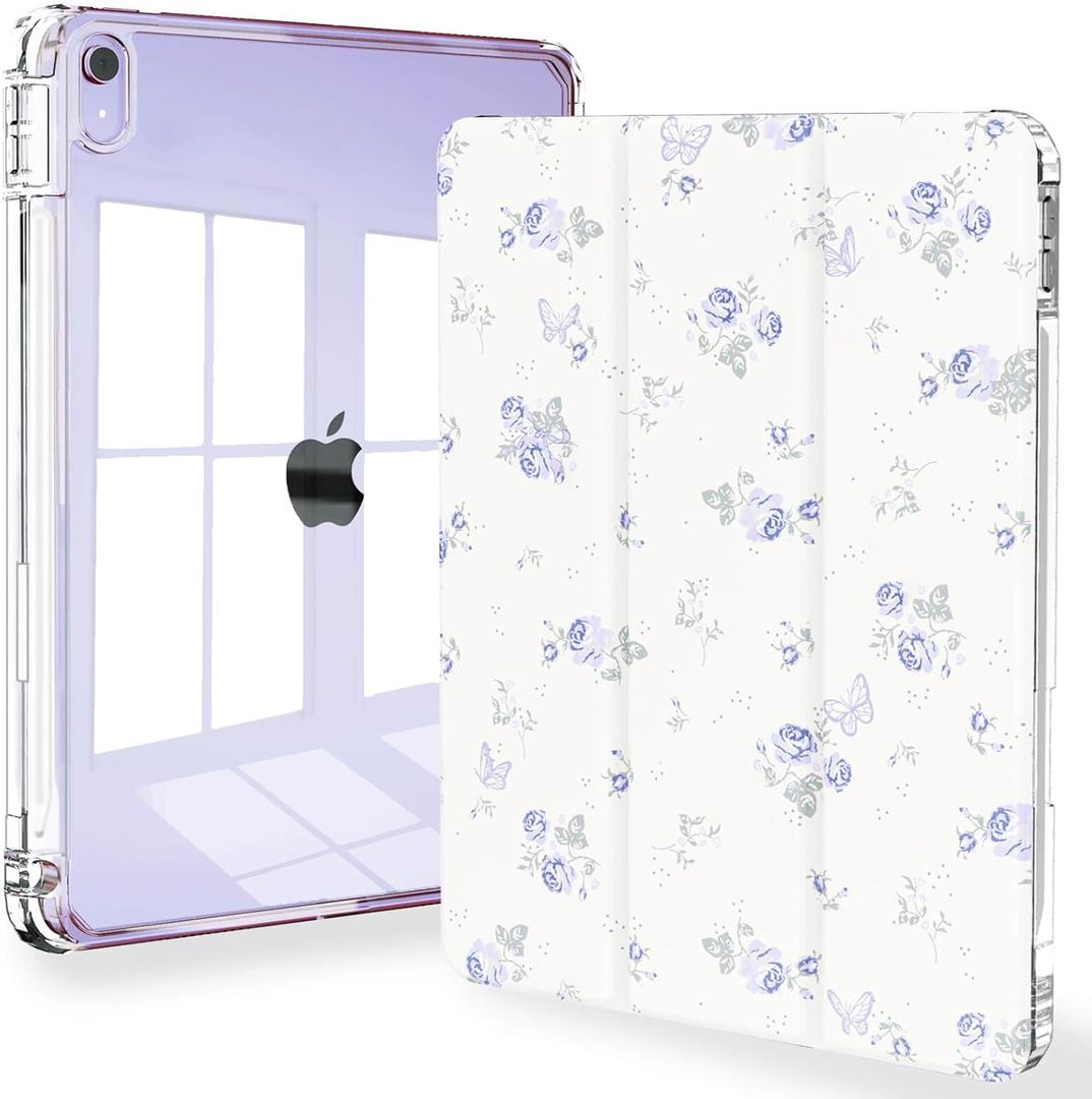 Feams Slim Case for iPad Air 11-inch M4/M3/M2 (2026/2025/2024), iPad Air 5th/4th Generation (2022/2020) 10.9 Inch Case Clear Back with Pencil Holder & Auto Sleep, Cute Purple Blossom