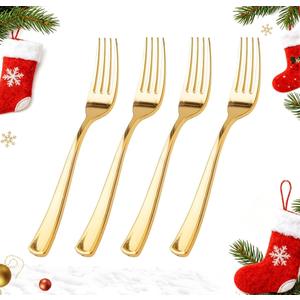 WDF 100 Pcs Gold Plastic Forks Heavy Duty - BPA-FREE, Sturdy&Durable Forks Disposable 7.4inch - Elegant Gold Forks for Dessert, Durable Plastic Cutlery for Thanksgiving Party, Wedding or Daily Using