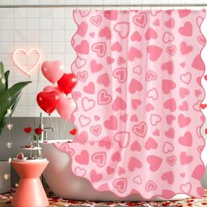 Frienda Valentine's Day Shower Curtain for Bathroom Decor Scalloped Love Hearts Curtain Romantic Waterproof Fabric for Valentines Day Bath Bathtub Decorations, Hooks Include, 72 x 72 Inch (Pink)