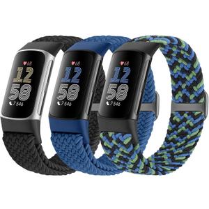 Braided Solo Loop Bands Compatible with Fitbit Charge 6/Charge 5, Adjustable Stretchy Nylon Woven Replacement Wristbands for Fitbit Charge 6/Charge 5 for Women Men (Black+Atlantic Blue+Camouflage Blue)